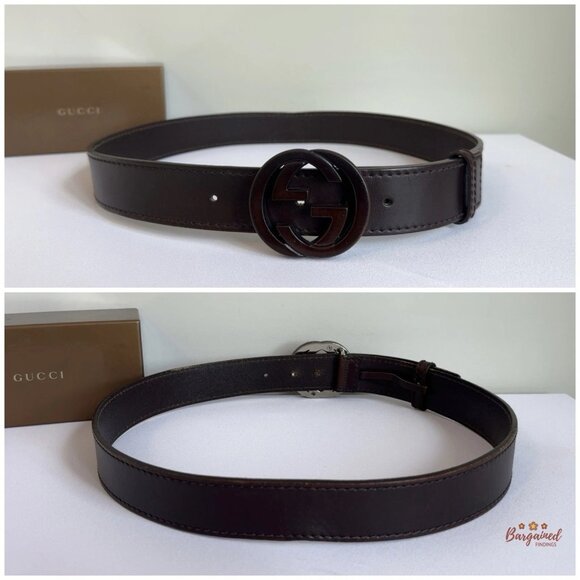 Authentic Gucci Dark Brown Leather Bamboo Interlocking G Buckle Belt 95/38 - Picture 4 of 13